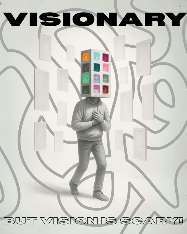Poster: a figure with a box of eyes for a head, titled Visionary, but vision is scary