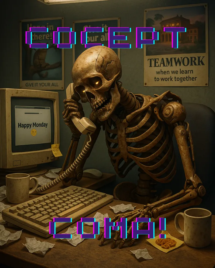 Concept Coma: a skeleton at an office desk, still on the phone