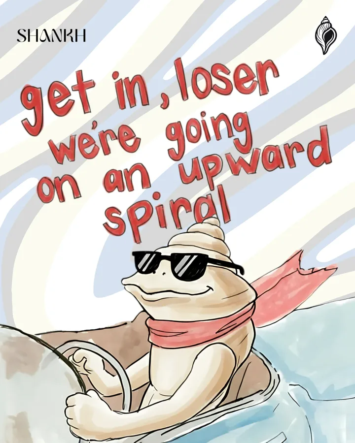 Get in loser, we're going on an upward spiral: a conch-headed character in sunglasses, driving